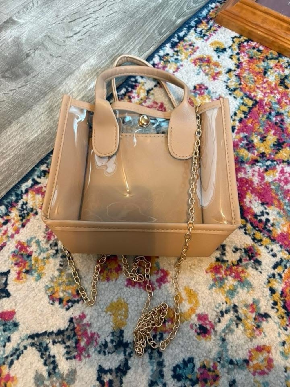 Beige Clear Stadium Bag with Gold Chain